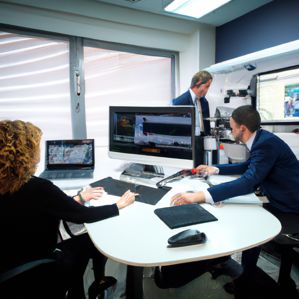 Equipo editorial colaborando en una redacción con monitores de noticias y ambiente profesional